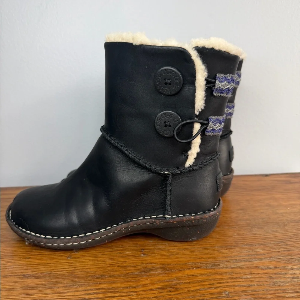 UGG Boots Size 6 • Lillie Snow Boots Black Leather Round Toe Comfort Ankle Top.